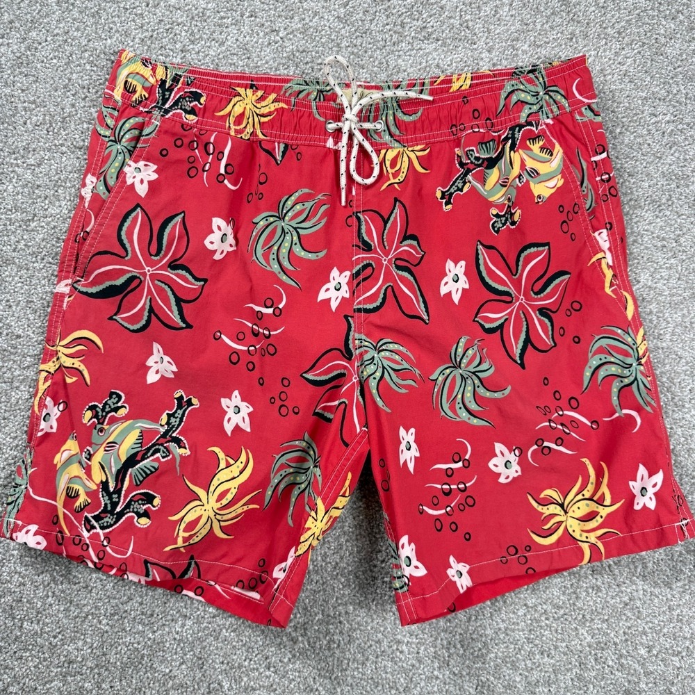 J.Crew Mens L Tropical Floral Fish Swim Trunks Red Lined Drawstring Shorts‎